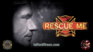 A grayscale profile of a man's face in smoke appears next to a red and gold "Rescue Me" firefighter emblem. The text "telfordfireco.com" is below, flanked by two fire department logos.