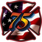 A firefighter emblem with a flag.