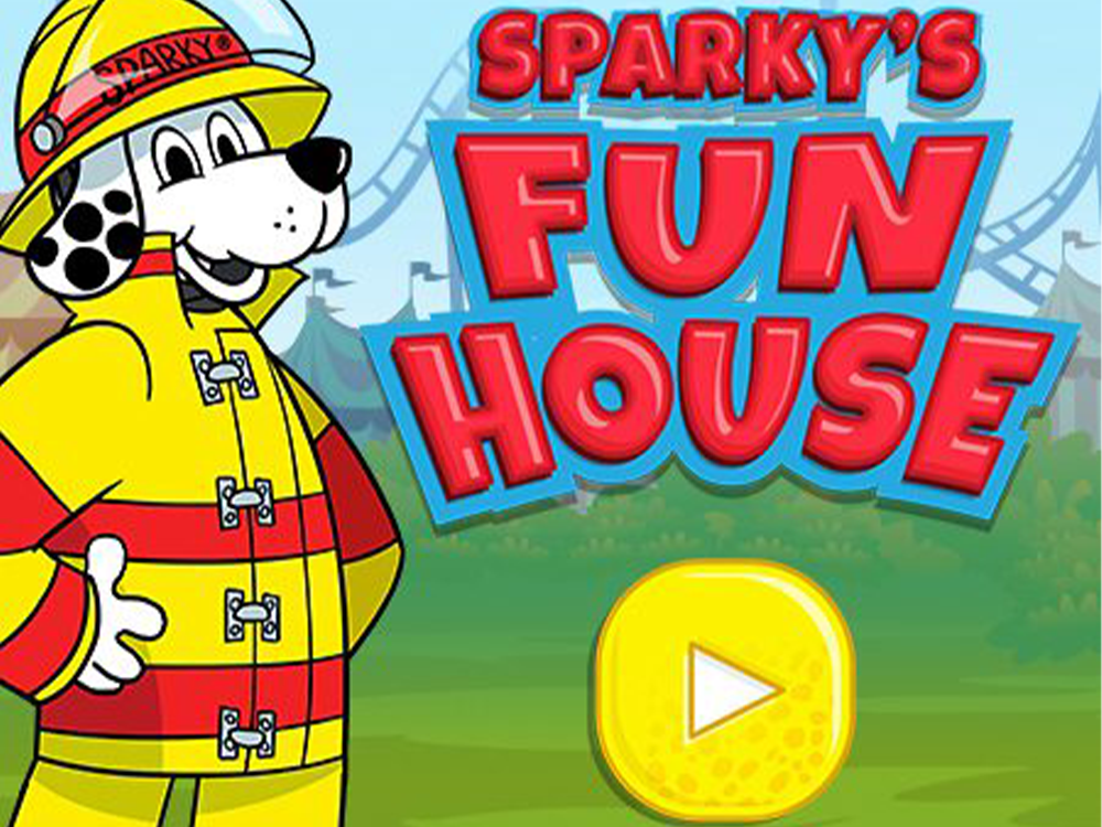 A cartoon Dalmatian wearing a fireman's hat and coat stands by a red and blue sign that reads "Sparky's Fun House." Below the sign is a large yellow play button. The background shows a lightly illustrated amusement park.