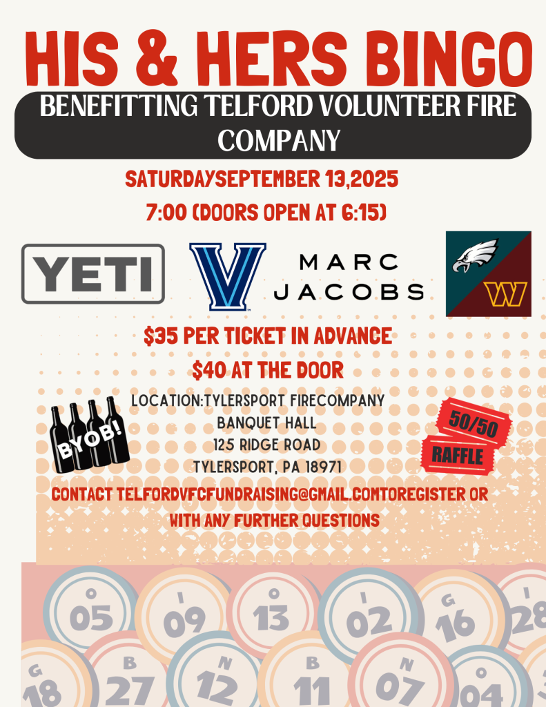 Event flyer for "Telford Fire Company Hers & His Bingo!" benefiting Telford Volunteer Fire Company on September 13, 2025, with sponsor logos, event details, raffle info, and a partial bingo card featured at the bottom.