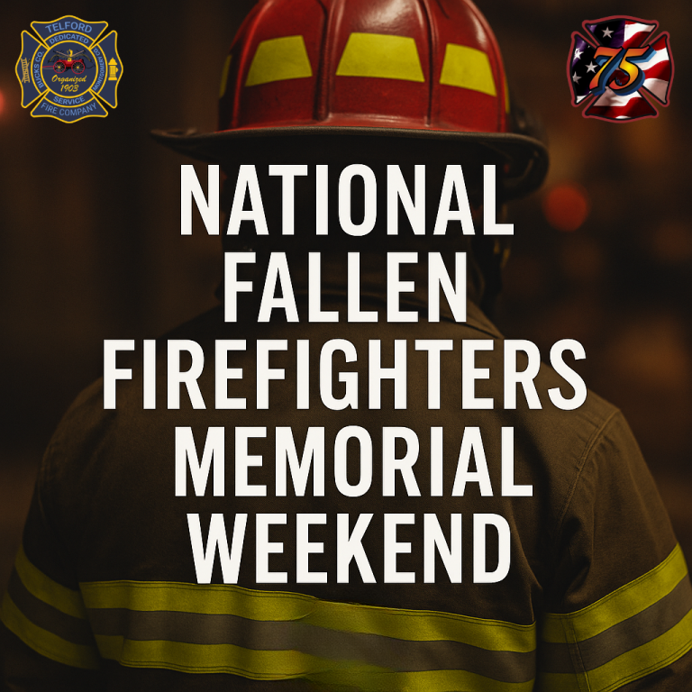 A firefighter in full gear stands with their back to the camera. Large text reads, "National Fallen Firefighters Memorial Weekend." Two fire department logos are in the top corners.
