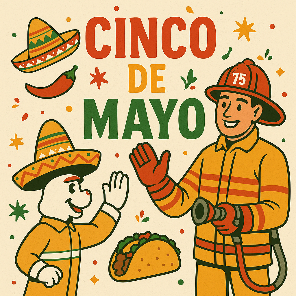 Illustration of a firefighter and a character in a sombrero high-fiving under the words "Cinco de Mayo," surrounded by festive decorations, a taco, chili pepper, and a sombrero.