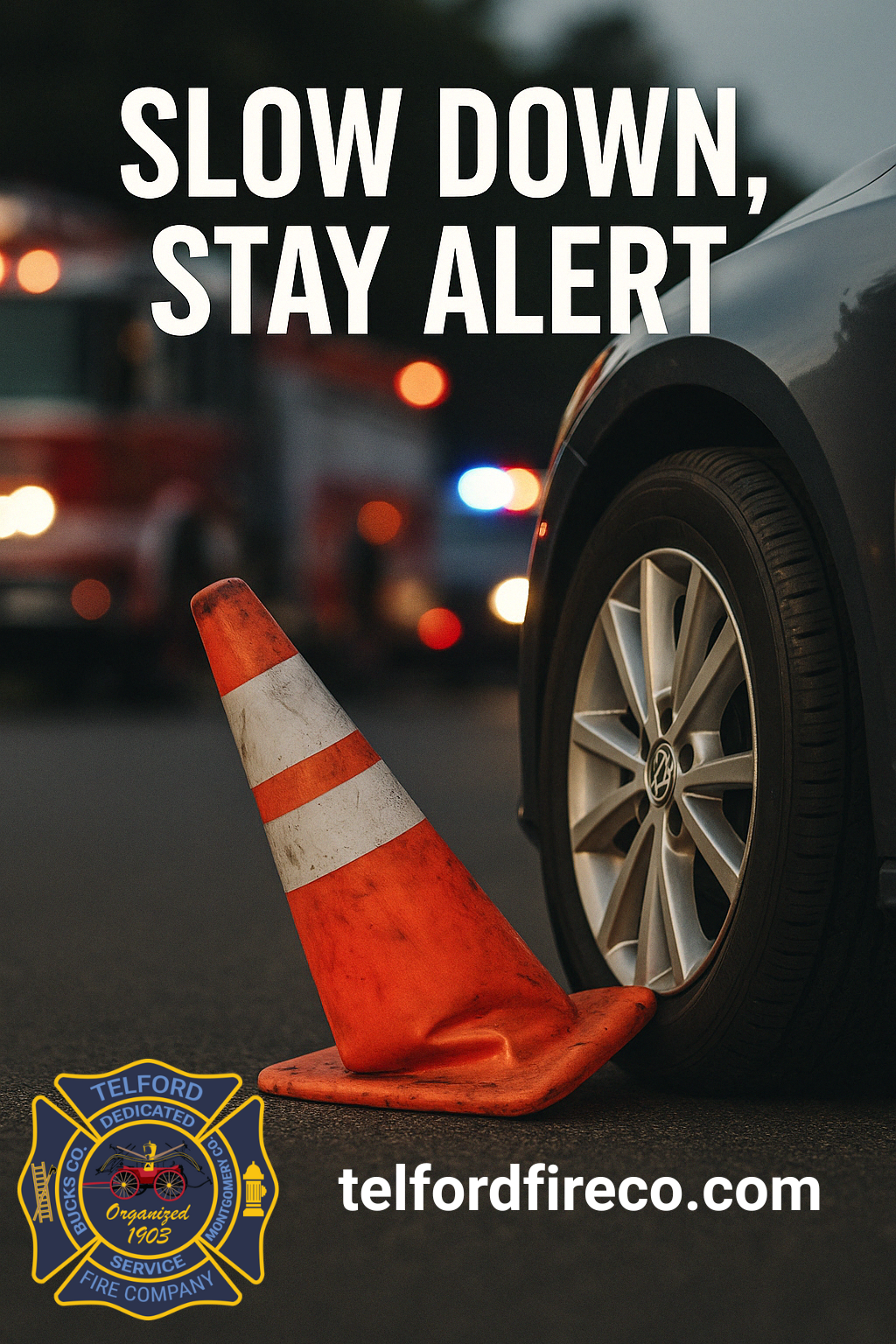 Close-up of an orange traffic cone near a car tire, with blurred emergency vehicles in the background. Text reads "Slow Down, Stay Alert" and "telfordfireco.com." A fire company badge is visible in the corner.