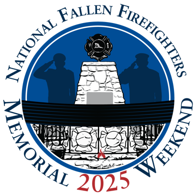 Logo featuring two silhouetted firefighters saluting a stone memorial with a black band draped over it, a firefighter emblem above, and partial circular blue text surrounding the design.