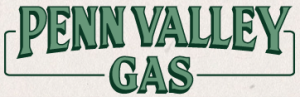 The image shows the words "PENN VALLEY GAS" in bold, green, uppercase letters with a decorative, vintage-style font and lines extending from each side—Celebrating Community Support: Telford Fire Company Thanks Our Sponsors!.