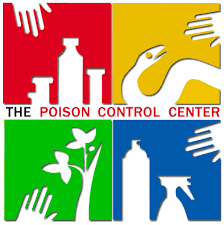 A graphic logo for The Poison Control Center, divided into four colored quadrants with icons of medicine bottles, a snake, a plant, and a spray bottle, surrounded by white silhouettes of hands.