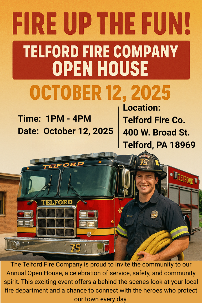A firefighter stands smiling in front of a red Telford fire truck. Text above reads, “Fire Up the Fun! Telford Fire Company Open House – October 12, 2025,” with event details and a brief description at the bottom.