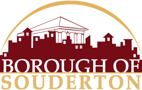 Logo for the Borough of Souderton featuring a stylized city skyline in dark red with a prominent building outlined above, and the text "Borough of Souderton" below in white and gold letters.