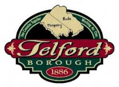Logo of Telford Borough featuring a map outline of Montgomery and Bucks counties, the words “Two Counties Together Working As One,” and the text “Telford Borough 1886” in red, green, and gold colors.