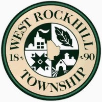Circular seal for West Rockhill Township featuring icons of a building, leaf, star, and barn in quadrants, with the year 1890 and the township name around the border in green and beige.