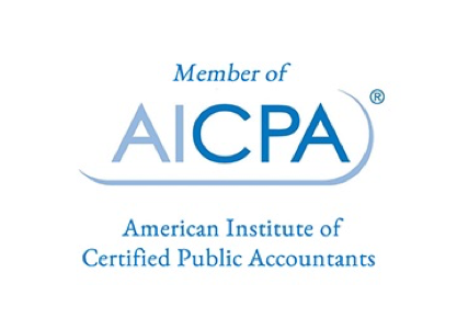 Logo with the text "Member of AICPA" and below it, "American Institute of Certified Public Accountants" in blue letters on a white background.