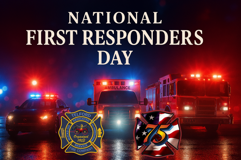Three emergency vehicles—police car, ambulance, and fire truck—parked with flashing lights at night. The text reads "National First Responders Day" with two badges at the bottom, one for fire service and one marked "75.