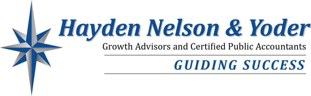 Logo for Hayden Nelson & Yoder, featuring a blue and gray compass rose on the left and the text: "Hayden Nelson & Yoder, Growth Advisors and Certified Public Accountants, Guiding Success" on the right.