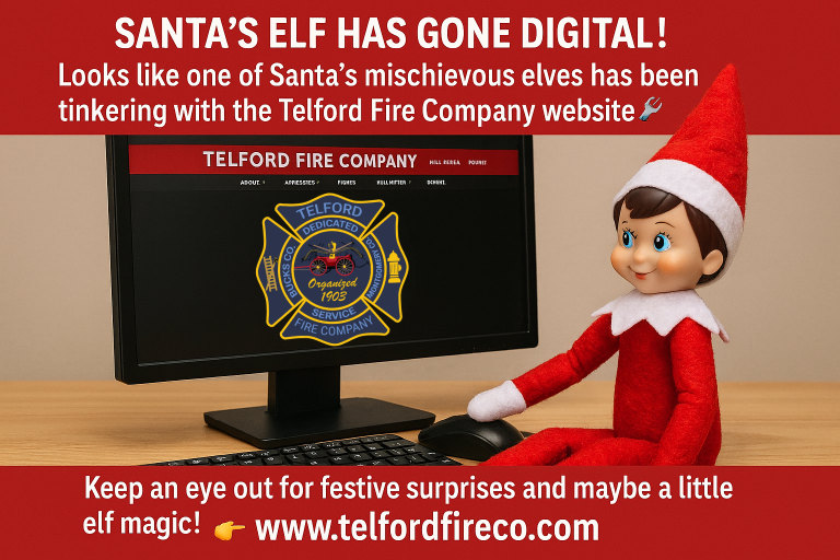 A toy elf in red sits at a desk using a computer displaying the Telford Fire Company website, with festive text about the elf going digital and a link to telfordfireco.com on a red background.