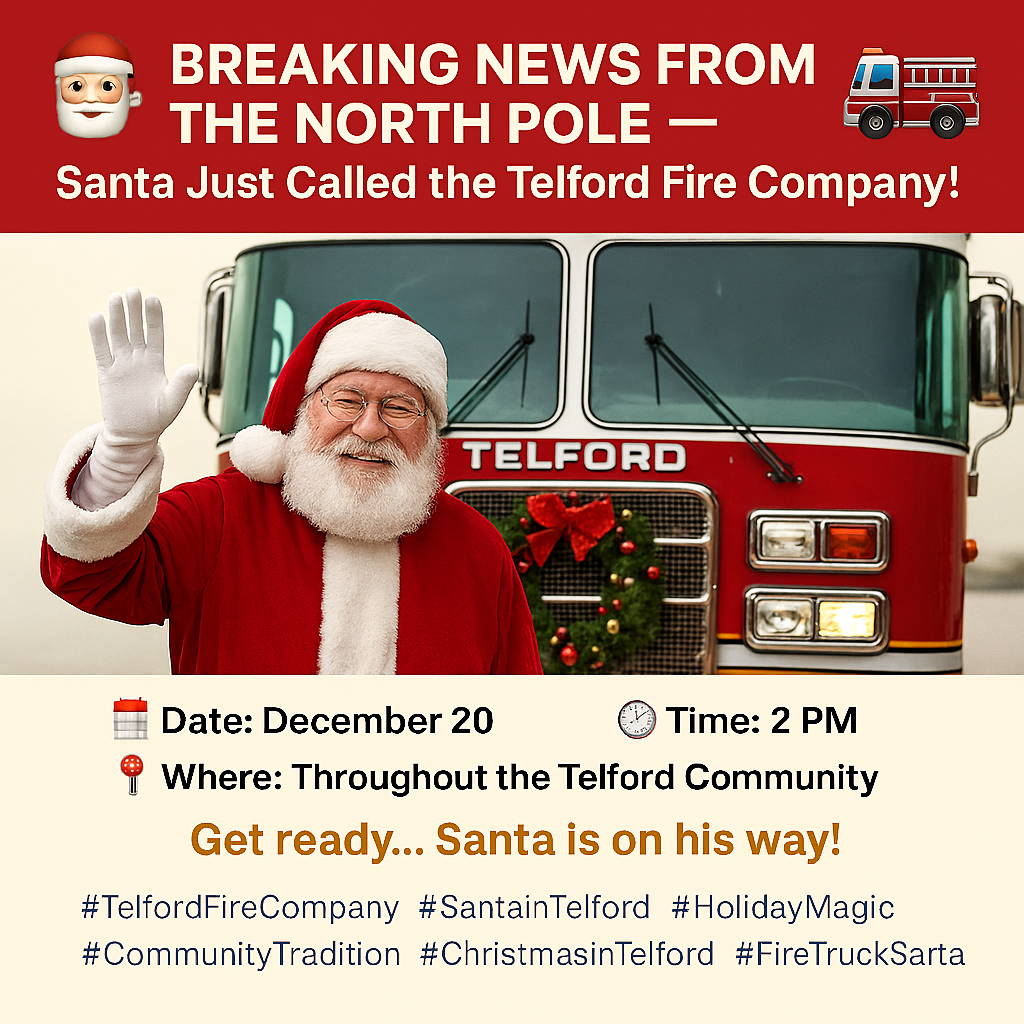 Santa Claus waves while standing in front of a red Telford fire truck. Text announces Santa's upcoming visit with Telford Fire Company throughout the community on December 20 at 2 PM. Holiday-themed hashtags are included.
