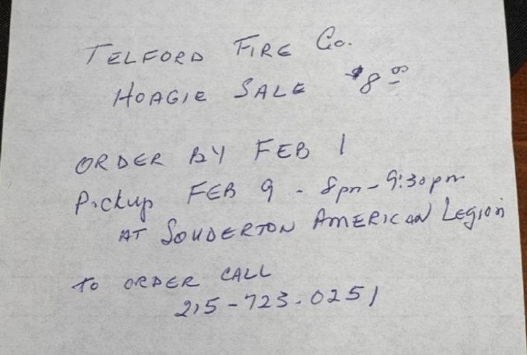 Handwritten flyer for Telford Fire Co. hoagie sale, $8 each. Order by Feb 1. Pickup Feb 9, 8pm–9:30pm at Souderton American Legion. To order, call 215-723-0251.