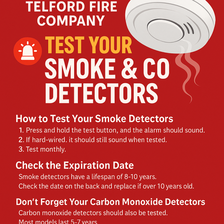 Infographic urging to test smoke and carbon monoxide detectors, with a smoke alarm graphic. Includes tips: press and hold test button monthly, check expiration dates, and replace detectors over 10 years old.