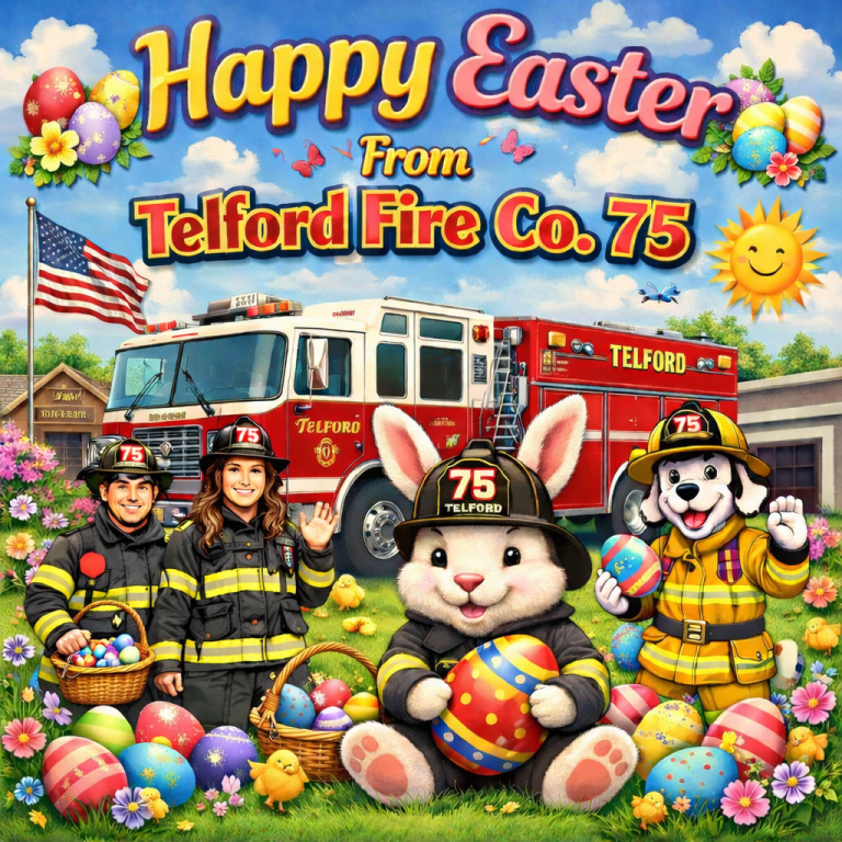 Two firefighters, a bunny, and a Dalmatian dog in fire gear hold Easter eggs in front of fire trucks, with colorful eggs, flowers, and an American flag. Text says, "Happy Easter from Telford Fire Co. 75.