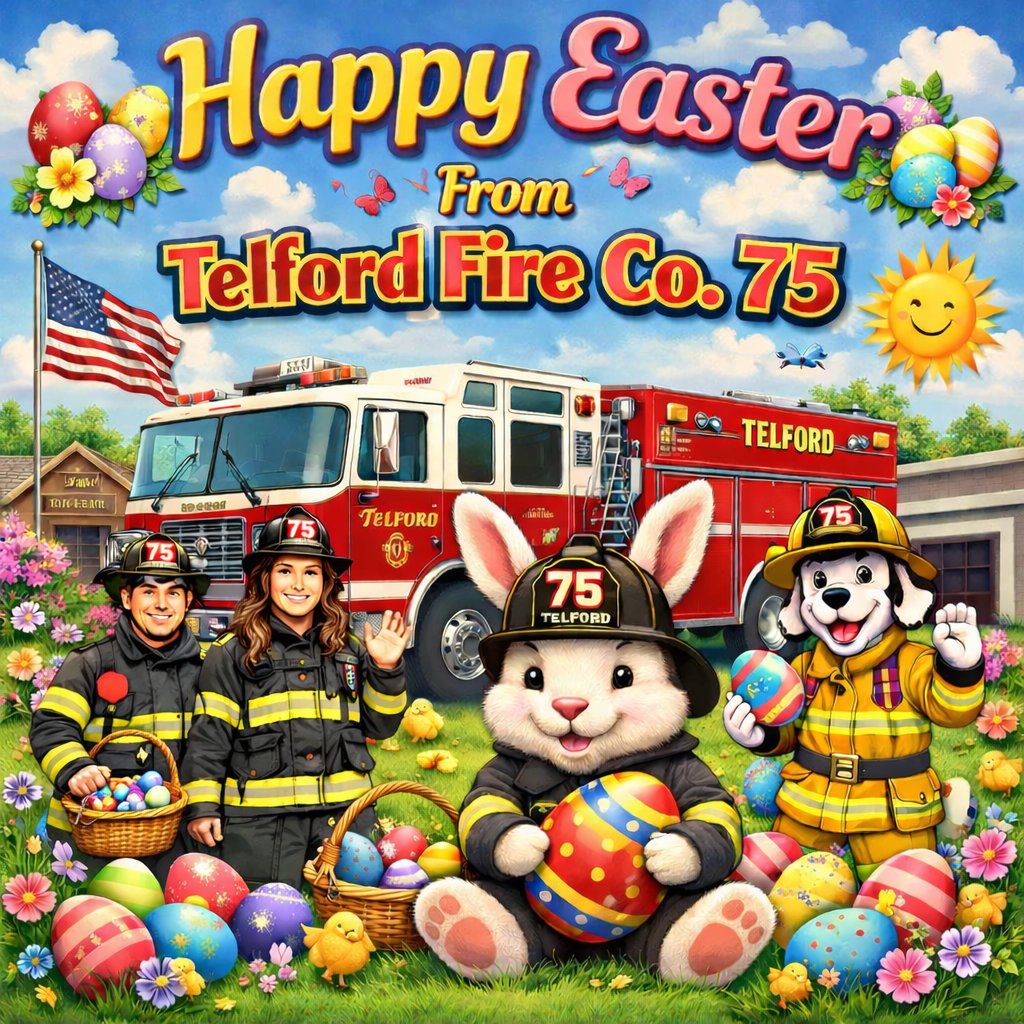Two firefighters, a bunny, and a Dalmatian dog in fire gear hold Easter eggs in front of fire trucks, with colorful eggs, flowers, and an American flag. Text says, "Happy Easter from Telford Fire Co. 75.