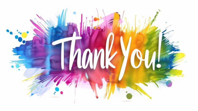 The image features the words "Thank You!" in large white script, centered on a vibrant, multicolored watercolor splash background with hues of blue, purple, pink, yellow, orange, and green.