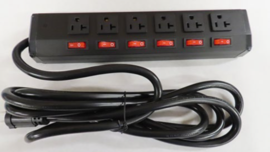A black power strip with six electrical outlets, each with its own red on/off switch, and a long, coiled black power cord attached.