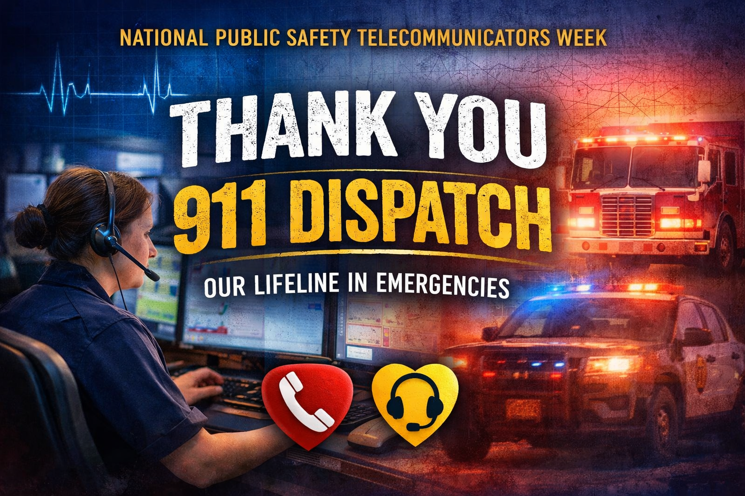 A 911 dispatcher wearing a headset works at a computer. Text reads, "National Public Safety Telecommunicators Week. Thank you 911 dispatch, our lifeline in emergencies." Emergency vehicles and icons of a phone and headset are shown.
