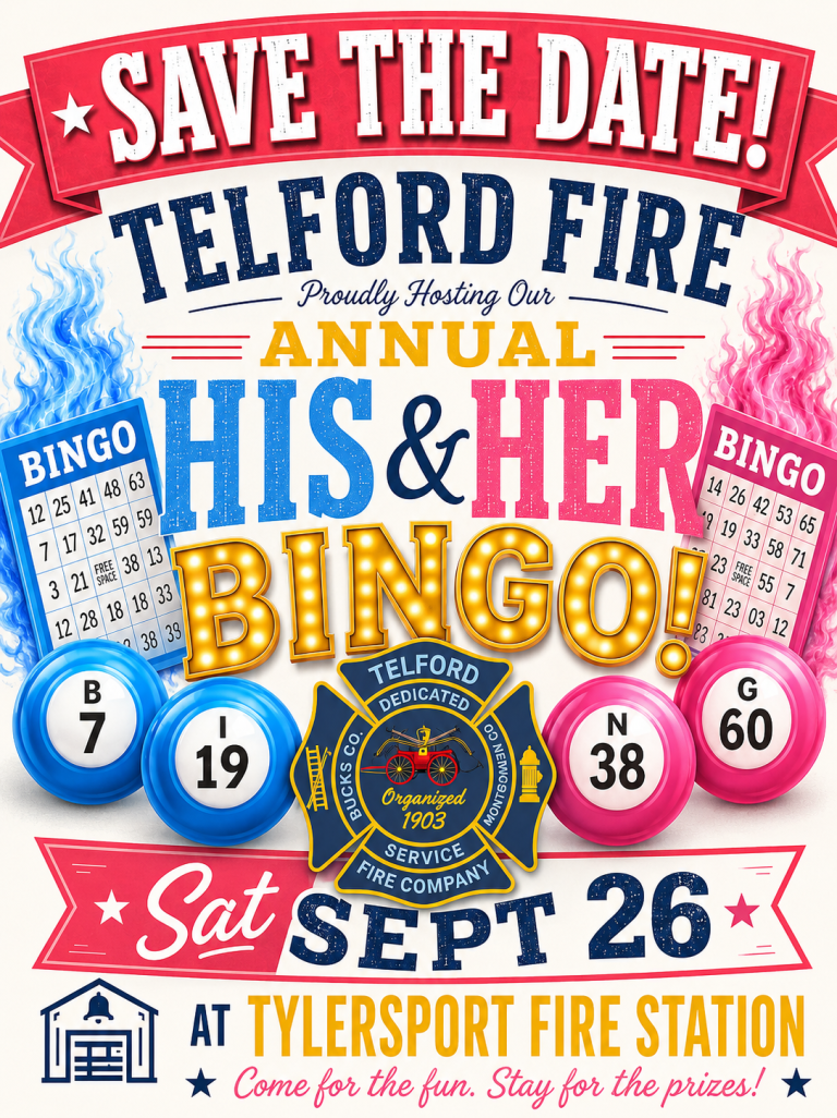 Colorful poster announcing "Save the Date! Telford Fire Annual His & Her Bingo" on Saturday, September 26 at Tylersport Fire Station. Features bingo cards, bingo balls, a fire company badge, and event details.