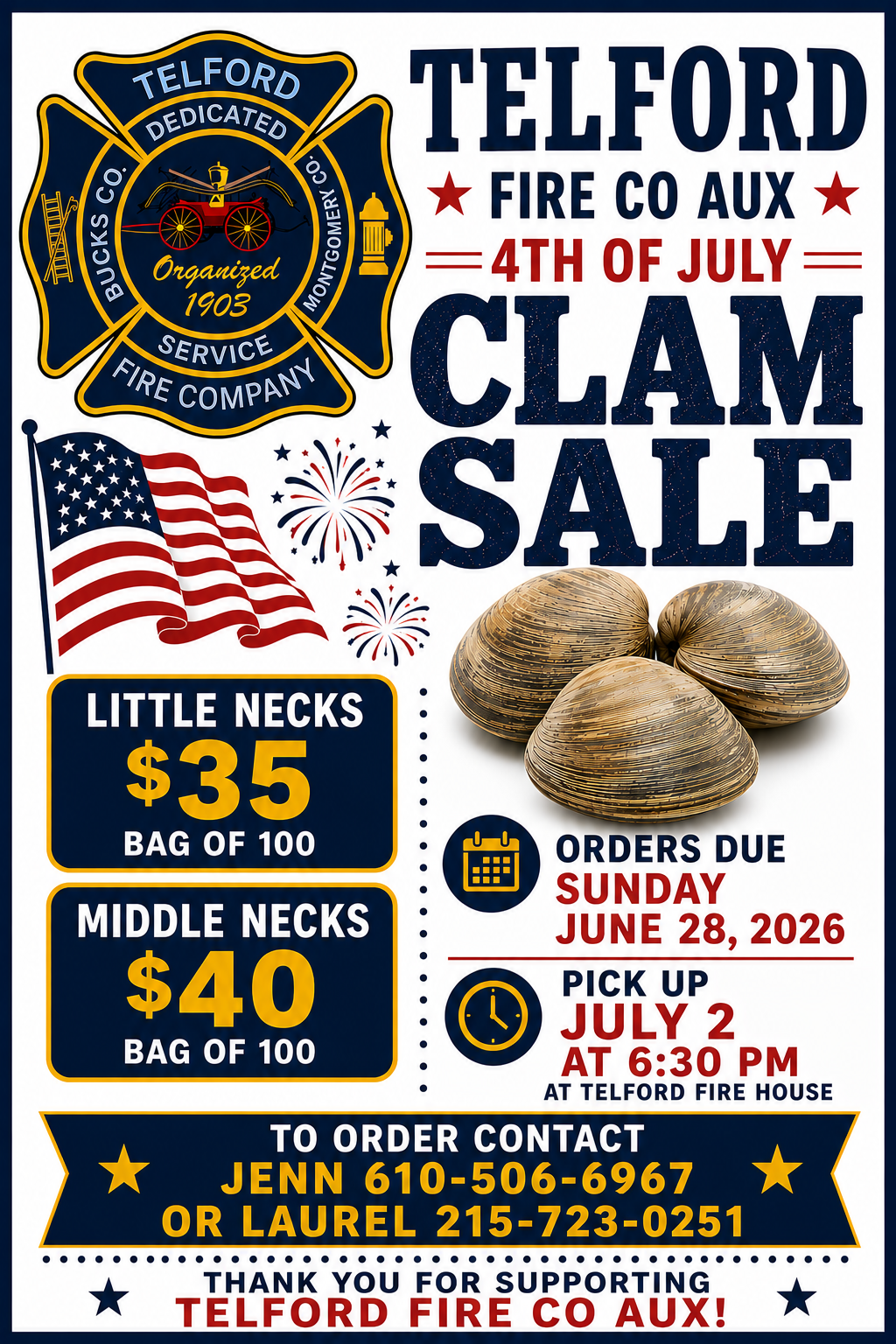 A flyer for Telford Fire Co Aux’s July 4th Clam Sale, showing clam prices, order contact info, an American flag, clams, and a fire company badge. Orders due June 28; pick up on July 2 at 6:30 PM.