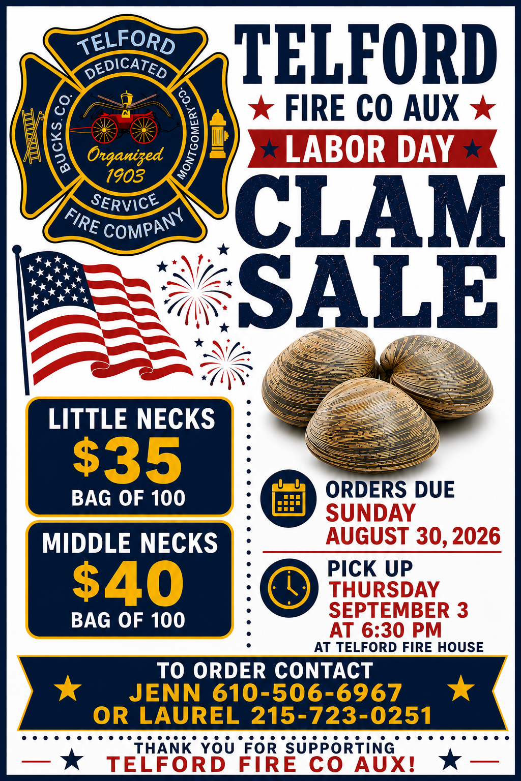 Labor Day Clam Sale flyer for Telford Fire Co Aux, showing clam prices, order and pickup dates, contact info, and three clam shells. Includes a fire company logo with fire truck and firefighter tools.