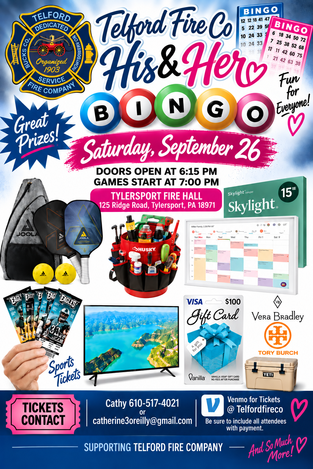 Colorful event flyer for Telford Fire Co. His & Her Bingo on Saturday, September 26, with games, prizes, and gift cards. Location, contact info, and ticket details included, plus images of prizes and bingo cards.