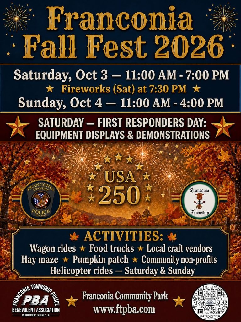 Fall festival poster with event details: dates, times, fireworks, equipment displays, activities like wagon rides, food trucks, local vendors, pumpkin patch, and live music, held at Franconia Community Park, October 3-4, 2026.